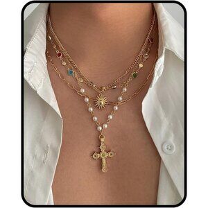 Gold Layered Cross Necklace Set for Women - 4Pcs Adjustable Beachy Jewelry